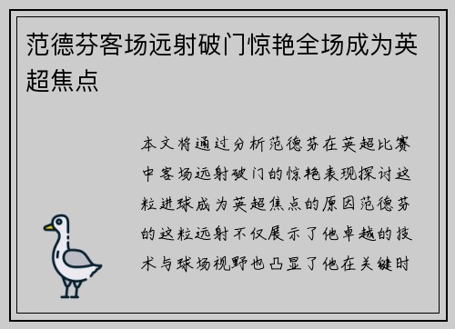 范德芬客场远射破门惊艳全场成为英超焦点
